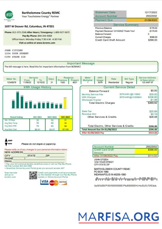 Printable USA Indiana Bartholomew County REMC utility bill template in Word and PDF format